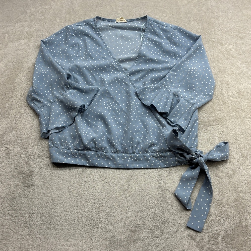 Hem & Thread Wrap Blouse Women L Blue Polka Dot Ruffle Sleeve Side Tie Boho Chic